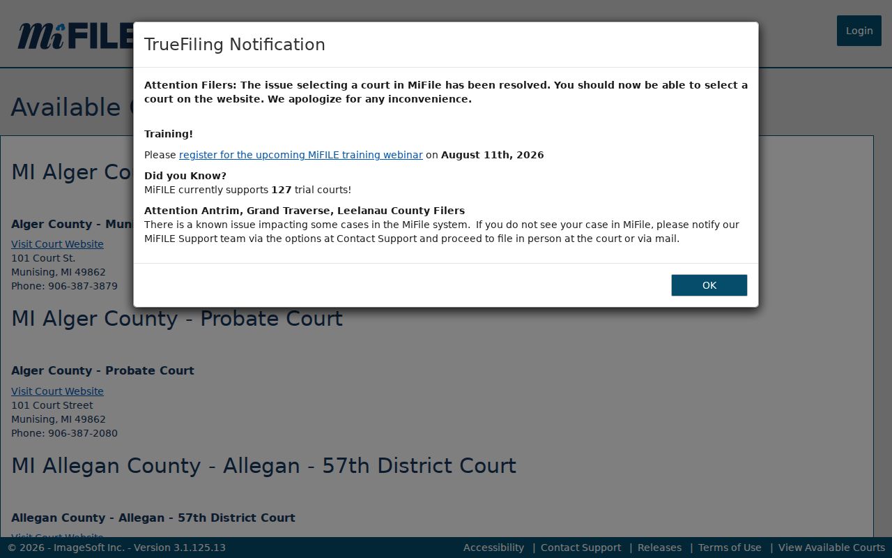 Alger County docket search reference showing MiFILE available court listings