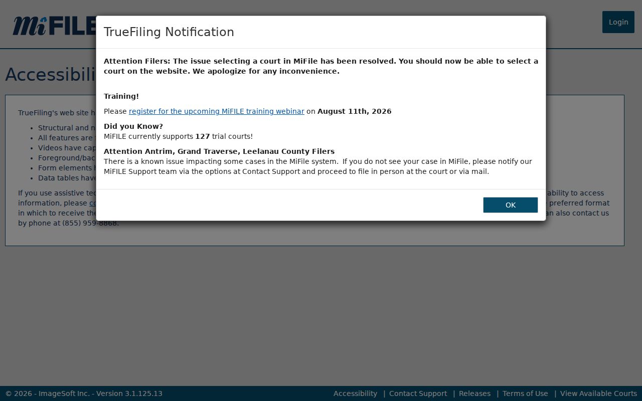 Alger County docket search reference from the MiFILE accessibility page