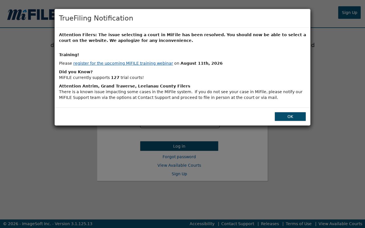 Alger County docket search reference showing MiFILE login controls