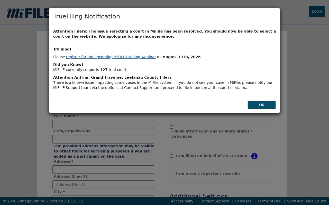 Alger County docket search reference showing MiFILE registration fields