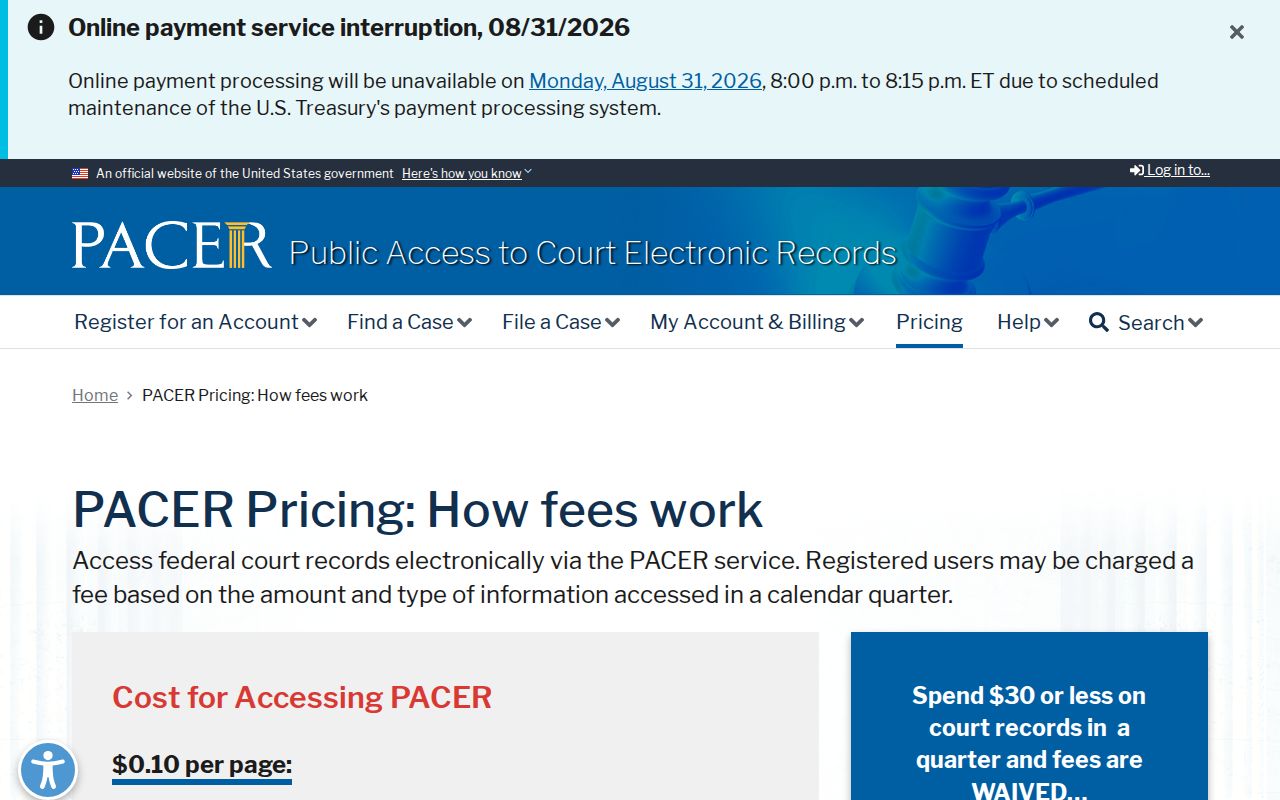 Alger civil court docket federal PACER pricing page
