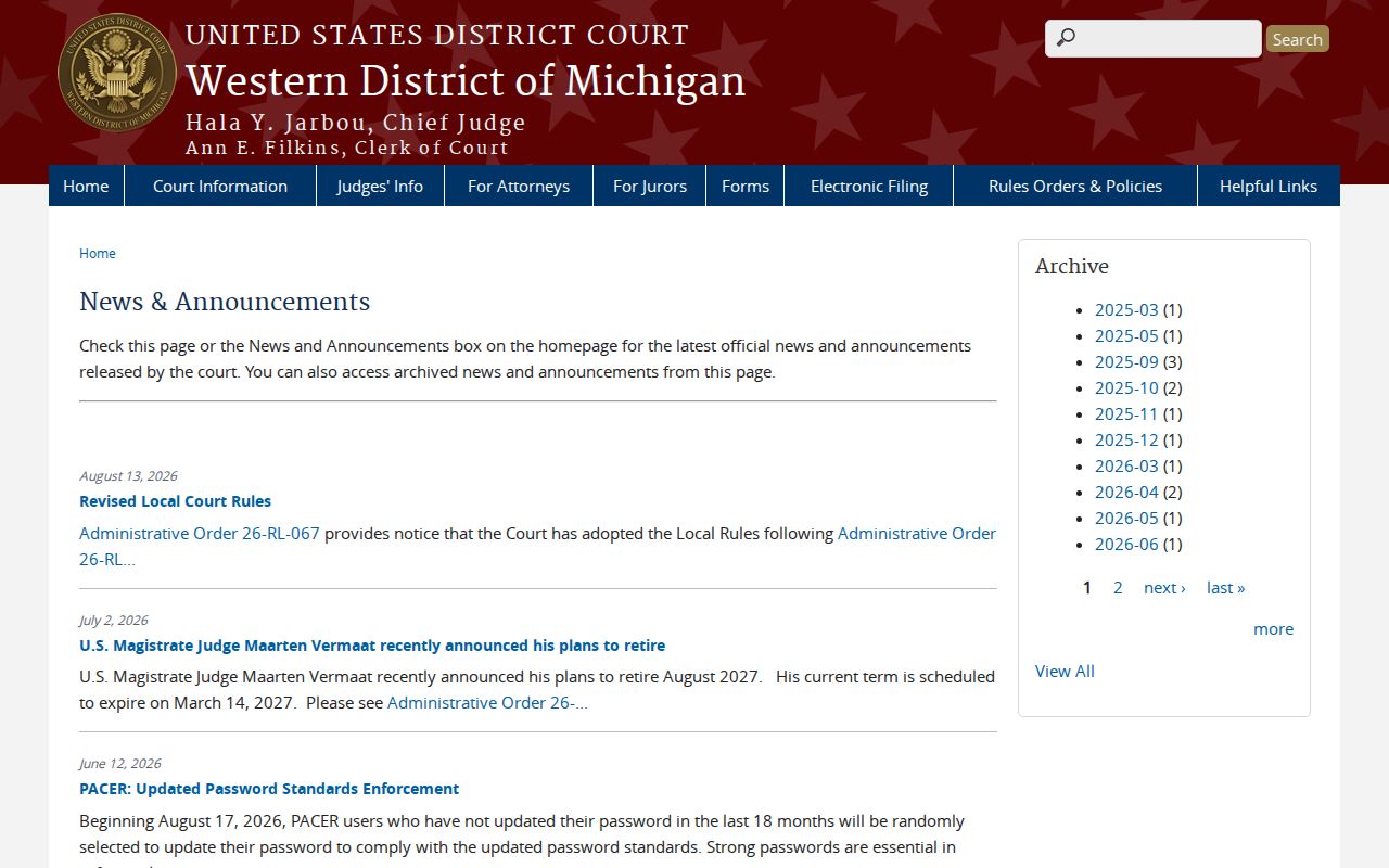 Alger County court schedule reference showing Western District court news notices