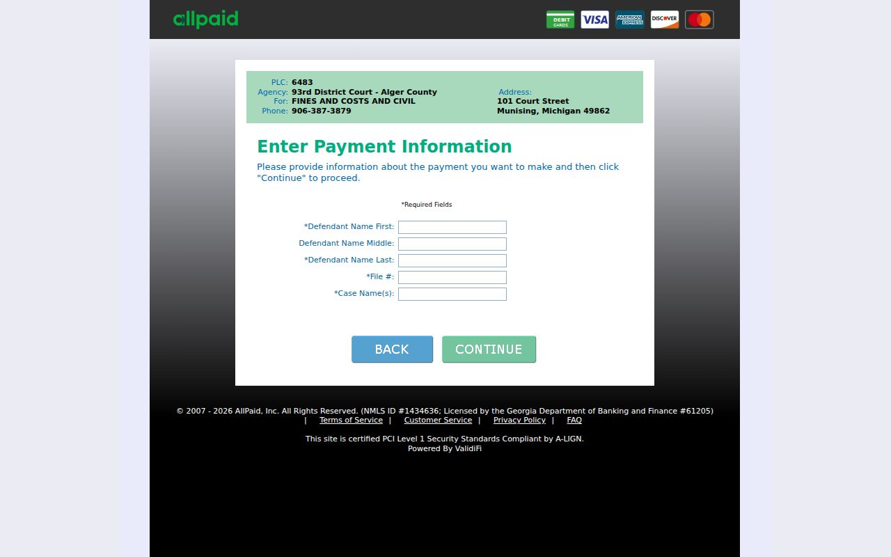 Alger traffic court payment record fields for 93rd District Court
